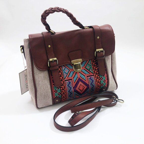 Jen & Co Satchel Harlow Tribal Embroidered Braided Handle 13x10.5x4.5 inches - Picture 1 of 7